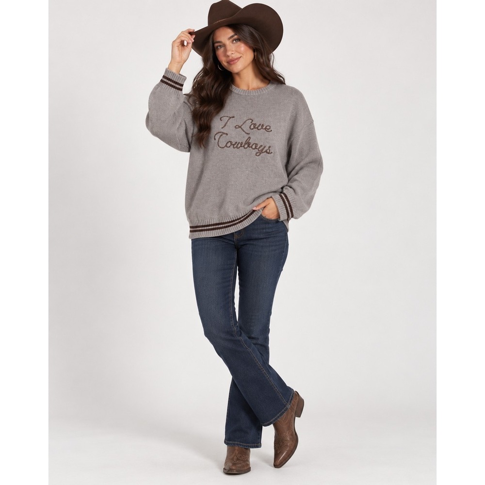 NWT Arden B XL  "I Love Cowboys"  Sweater Western Cowgirl Rodeo Knit Gray Brown